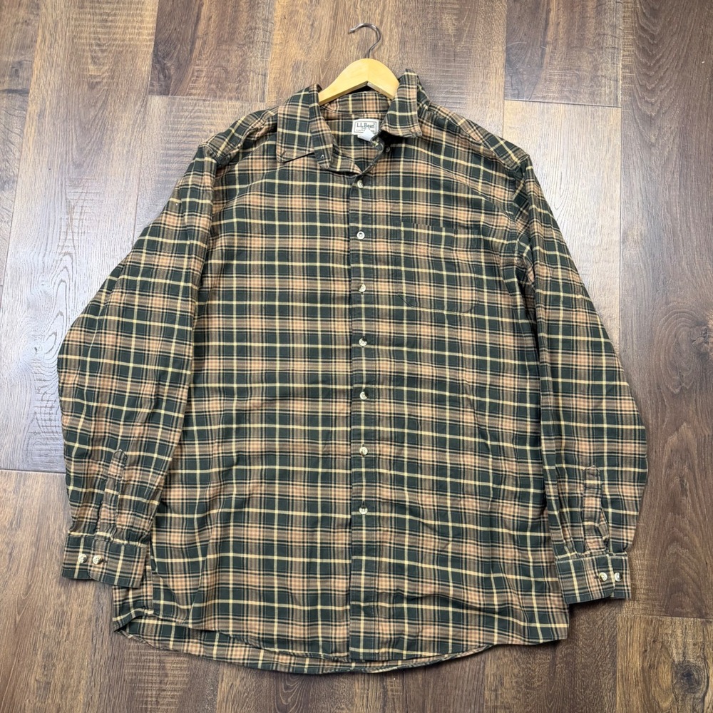 Vintage L.L. Bean Flannel Shirt Mens XL Tall Green Brown Plaid 100% Cotton